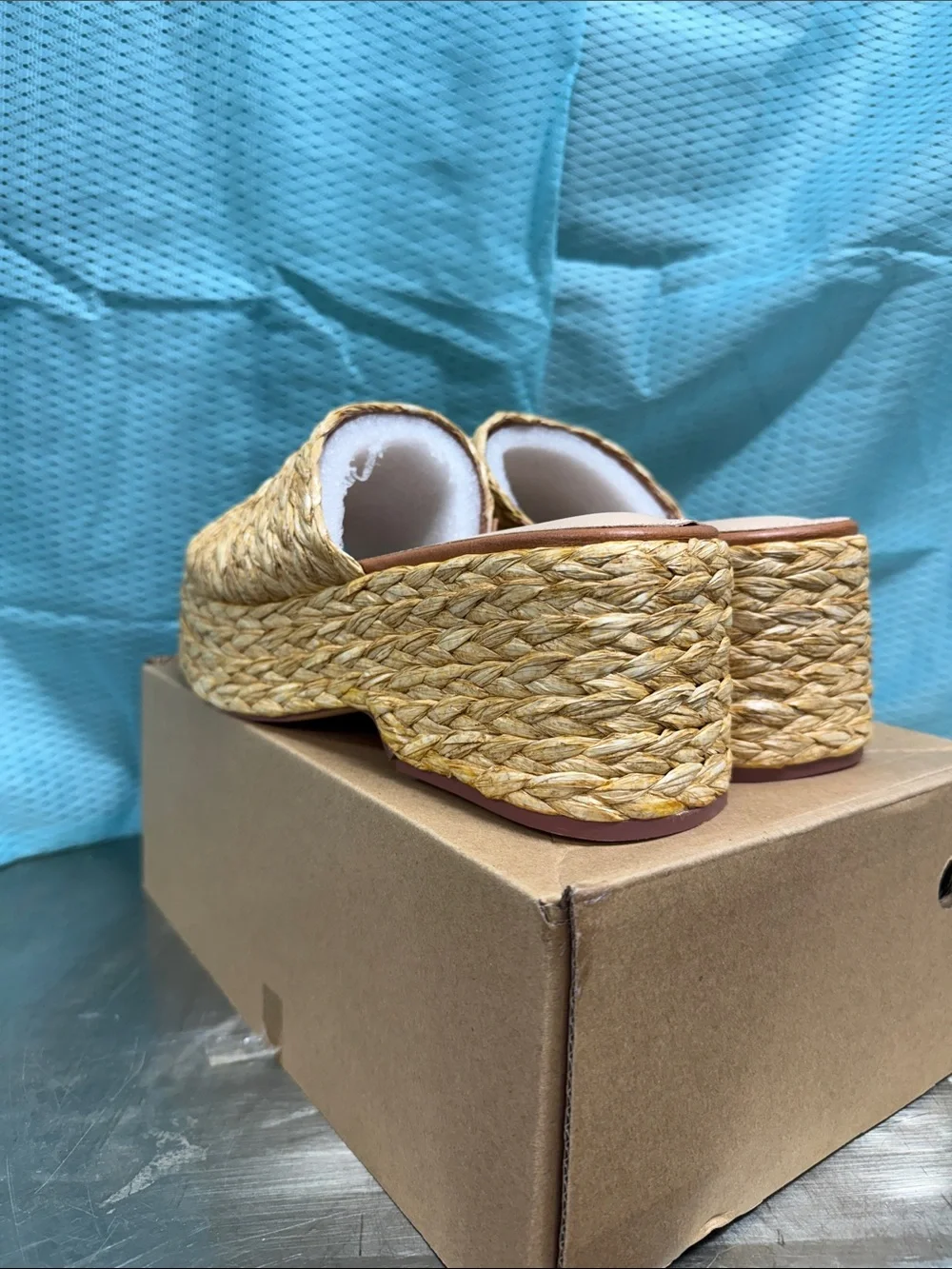 Woven Platform Slide Sandals in Natural Straw